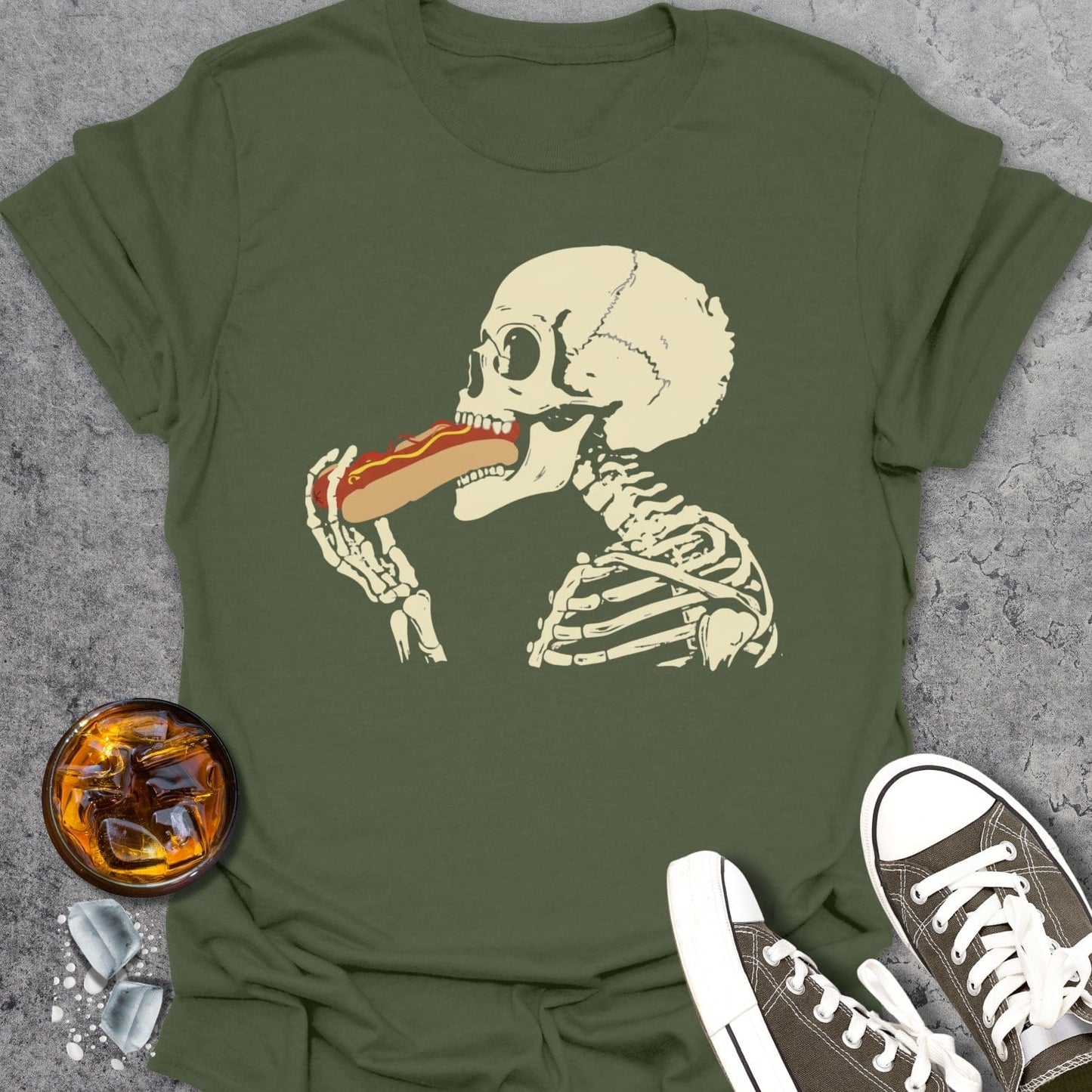 Skeleton Eating Hotdog T-Shirt