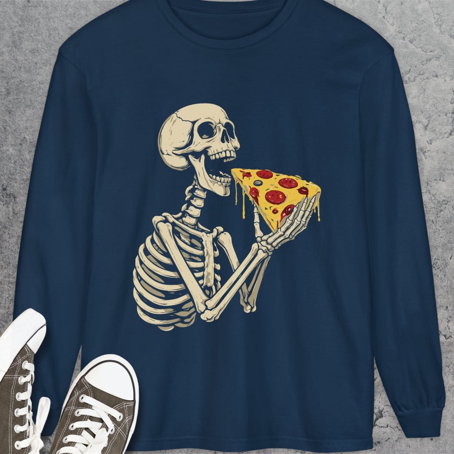 Skeleton Eating Pizza Long-Sleeve Tee