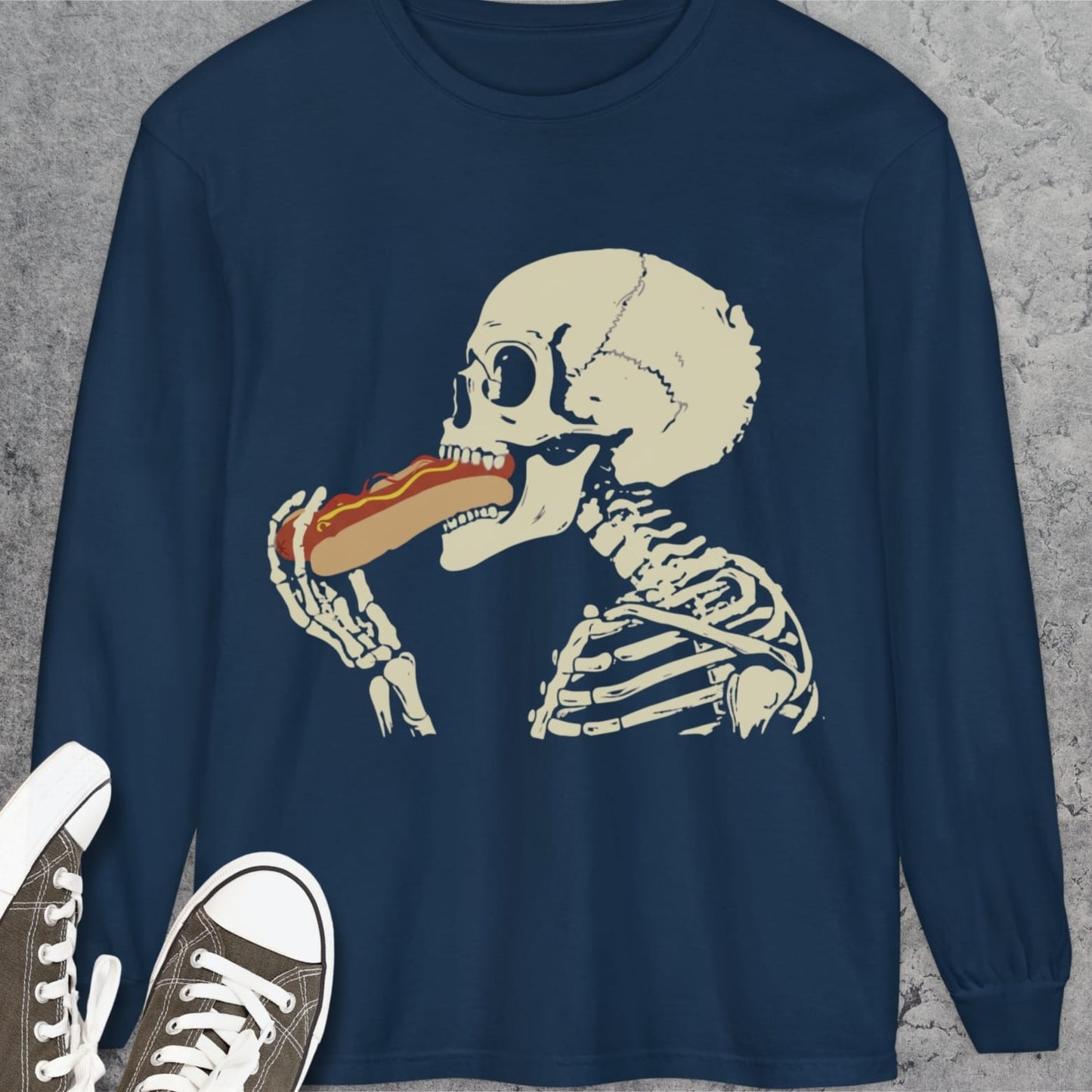Skeleton Eating Hotdog Long-Sleeve Tee