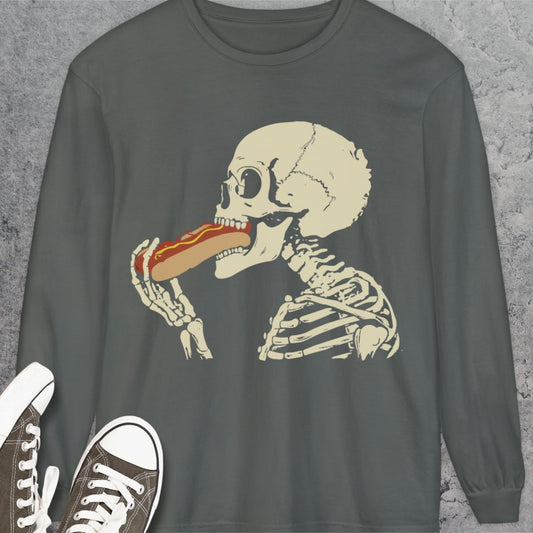 Skeleton Eating Hotdog Long-Sleeve Tee
