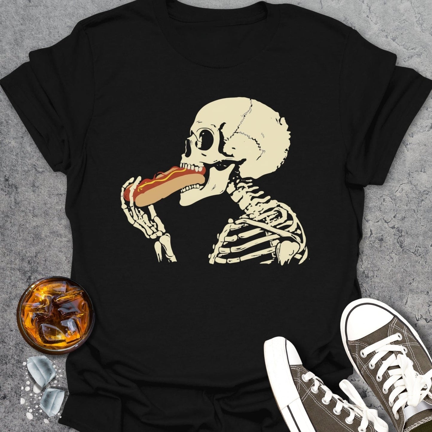 Skeleton Eating Hotdog T-Shirt