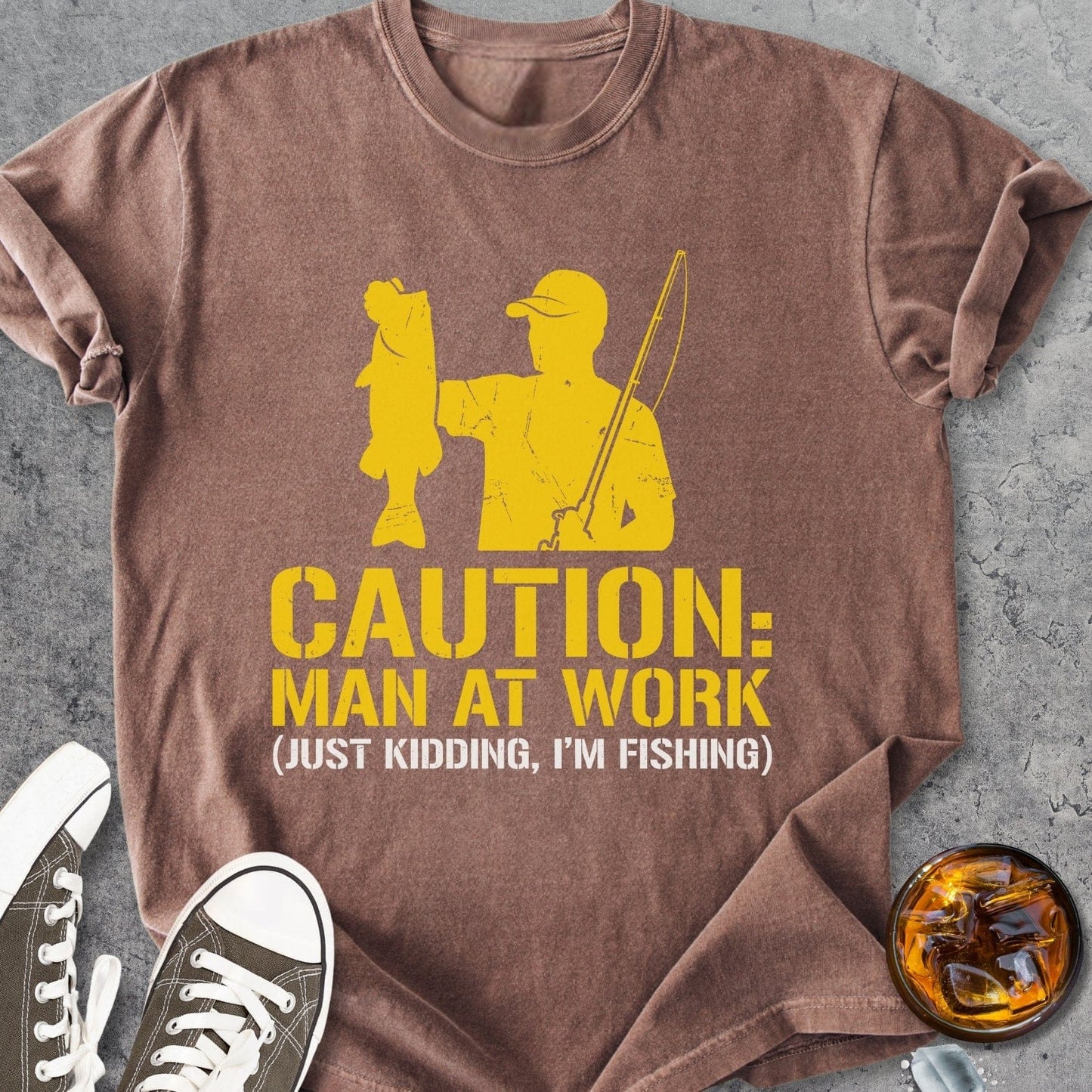 Caution Man At Work. Fishing - Vintage Heavyweight Tee