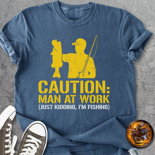 Caution Man At Work. Fishing - Vintage Heavyweight Tee