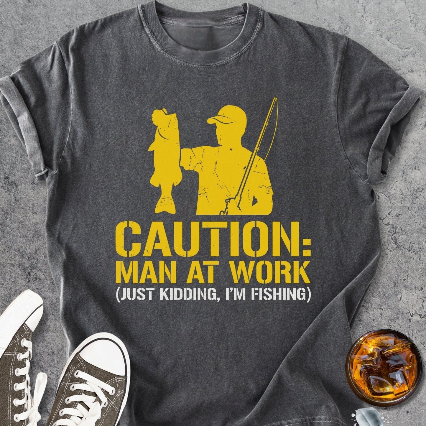 Caution Man At Work. Fishing - Vintage Heavyweight Tee