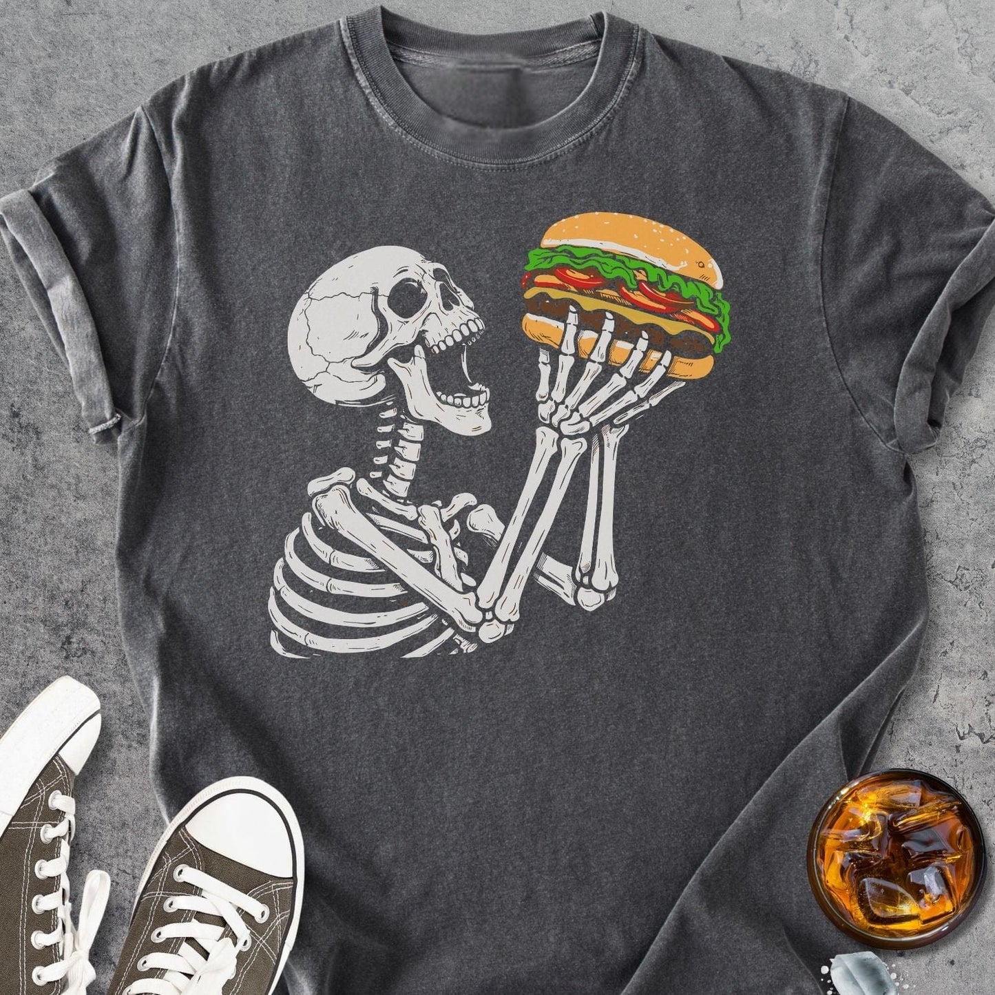 Skeleton Eating Burger - Vintage Heavyweight Tee