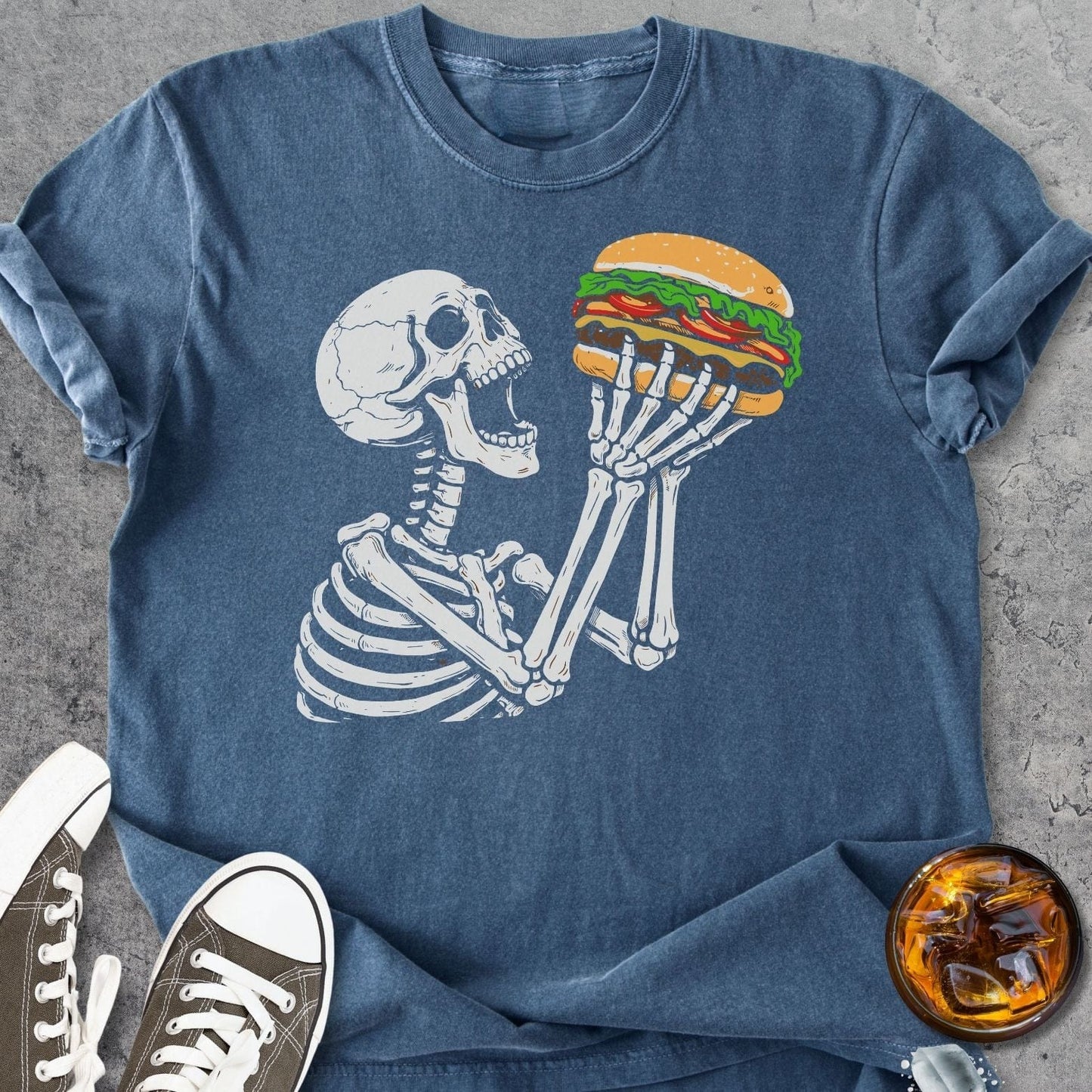 Skeleton Eating Burger - Vintage Heavyweight Tee