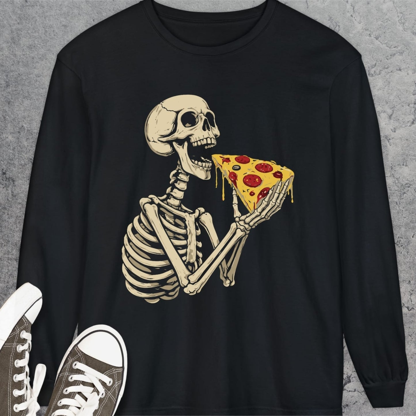 Skeleton Eating Pizza Long-Sleeve Tee