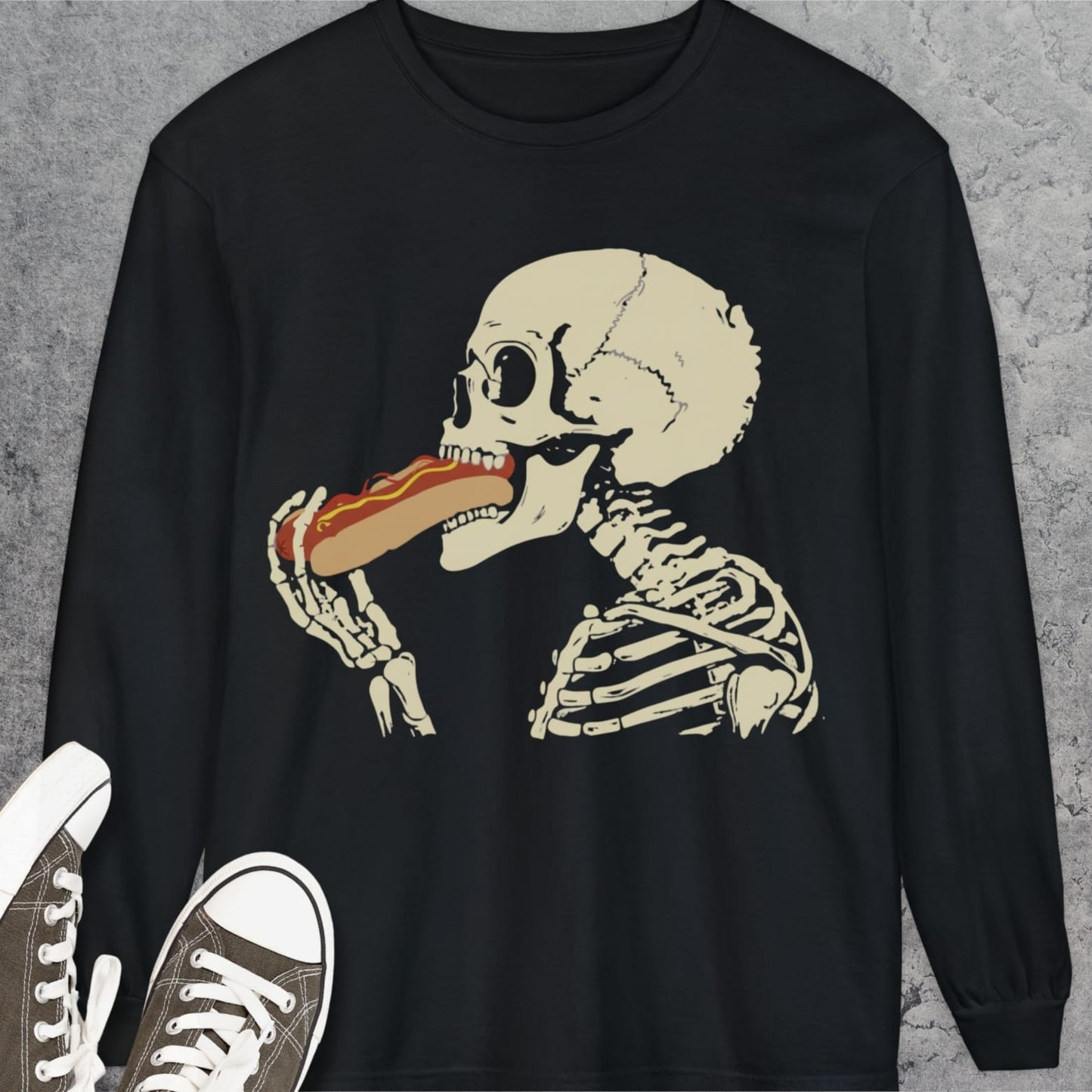 Skeleton Eating Hotdog Long-Sleeve Tee